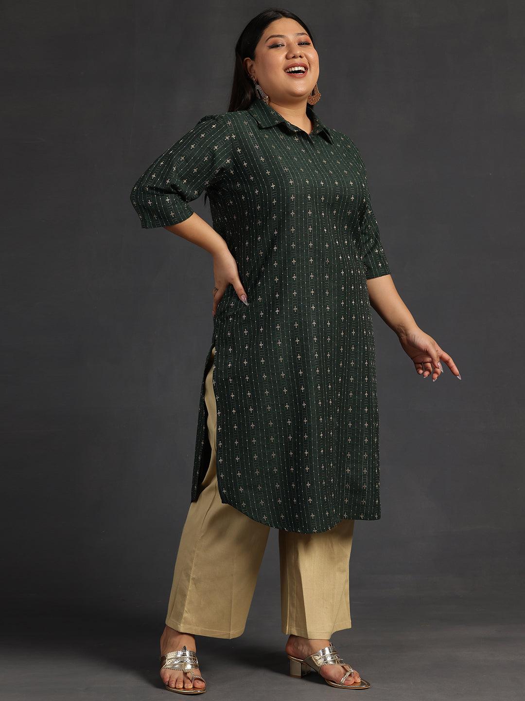 Plus Size Green Woven Design Cotton Straight Kurta - Libas