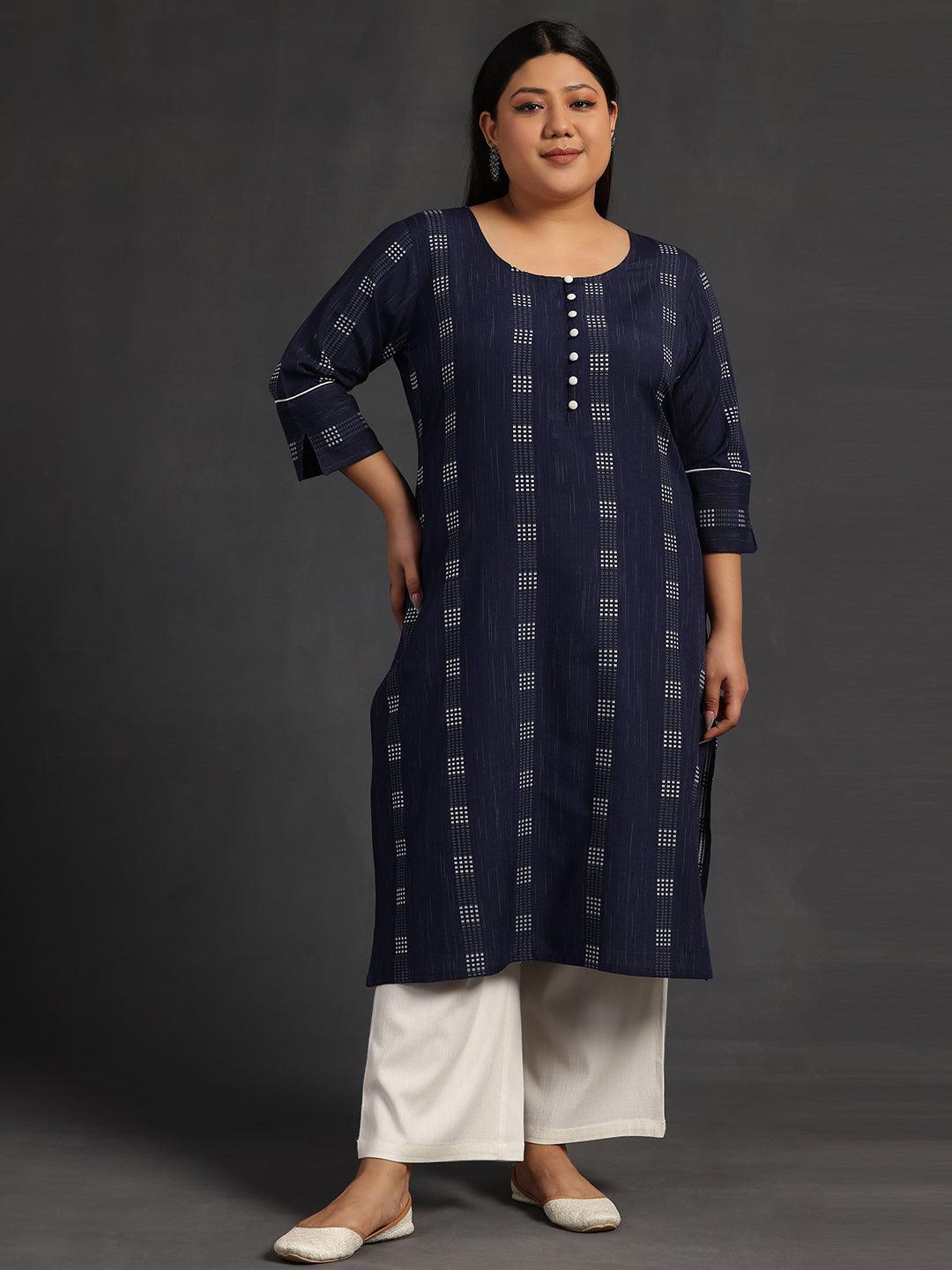 Plus Size Blue Woven Design Cotton Straight Kurta - Libas