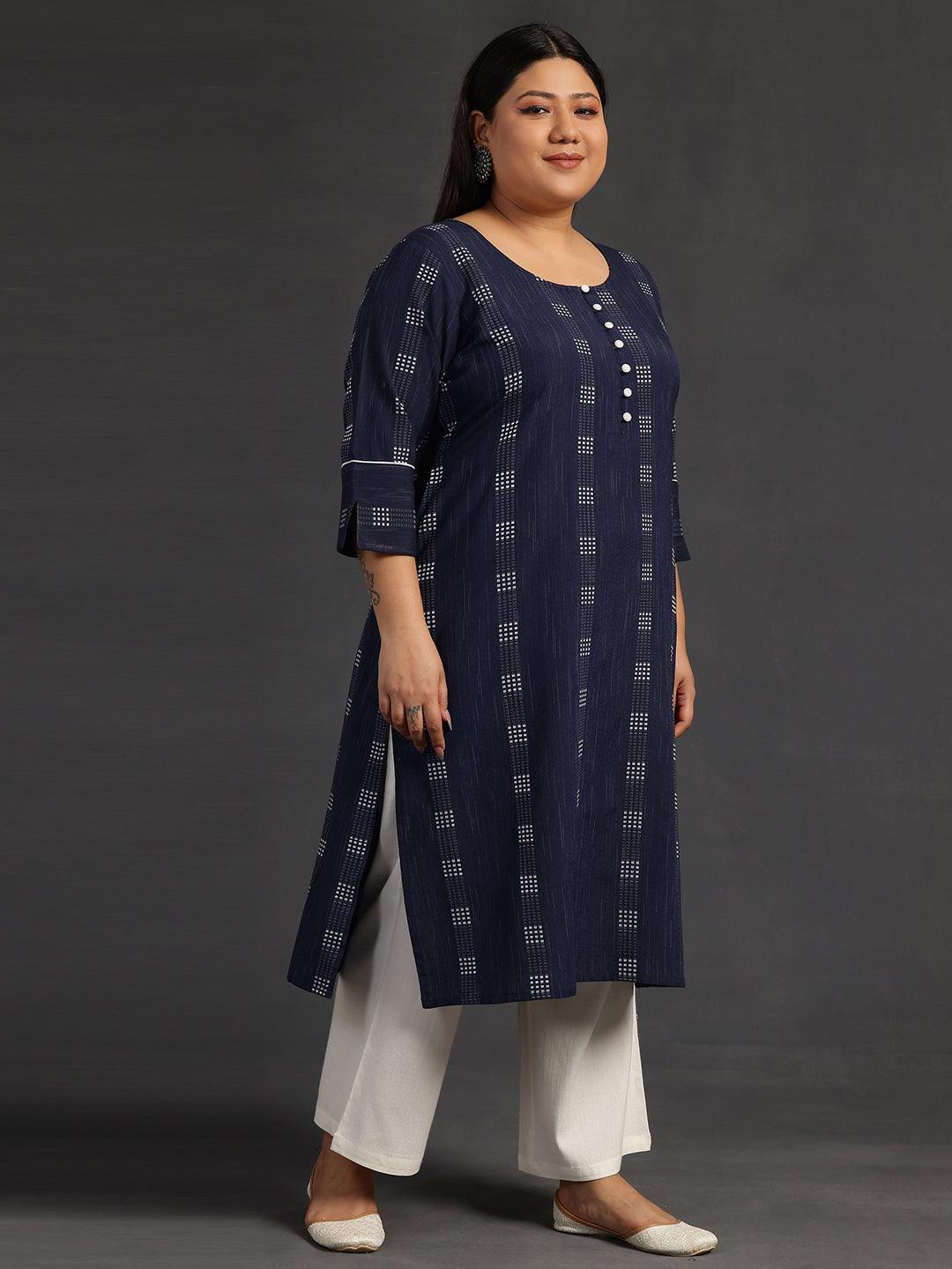 Plus Size Blue Woven Design Cotton Straight Kurta - Libas 