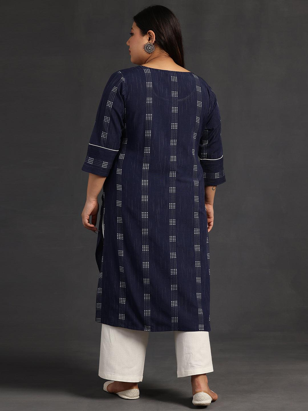 Plus Size Blue Woven Design Cotton Straight Kurta - Libas