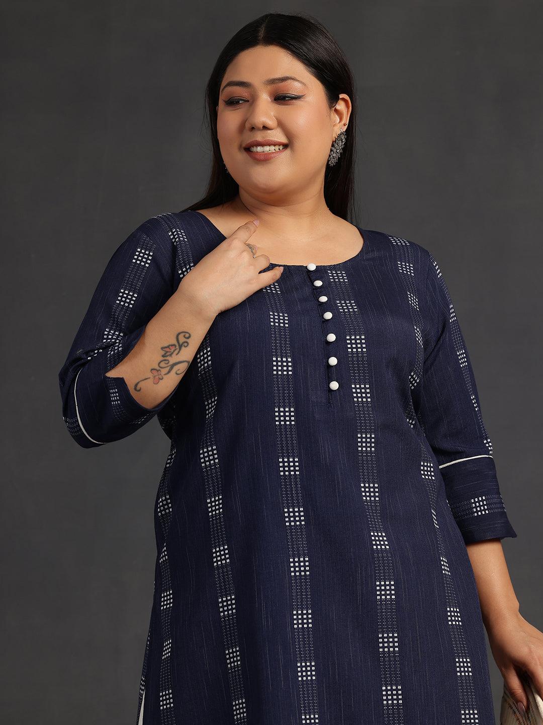 Plus Size Blue Woven Design Cotton Straight Kurta - Libas 