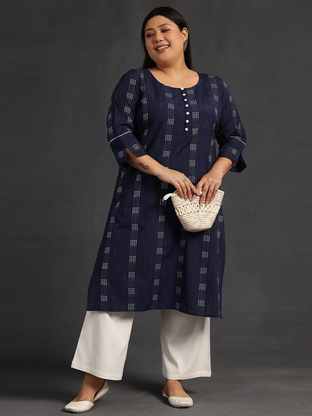 Plus Size Blue Woven Design Cotton Straight Kurta - Libas 