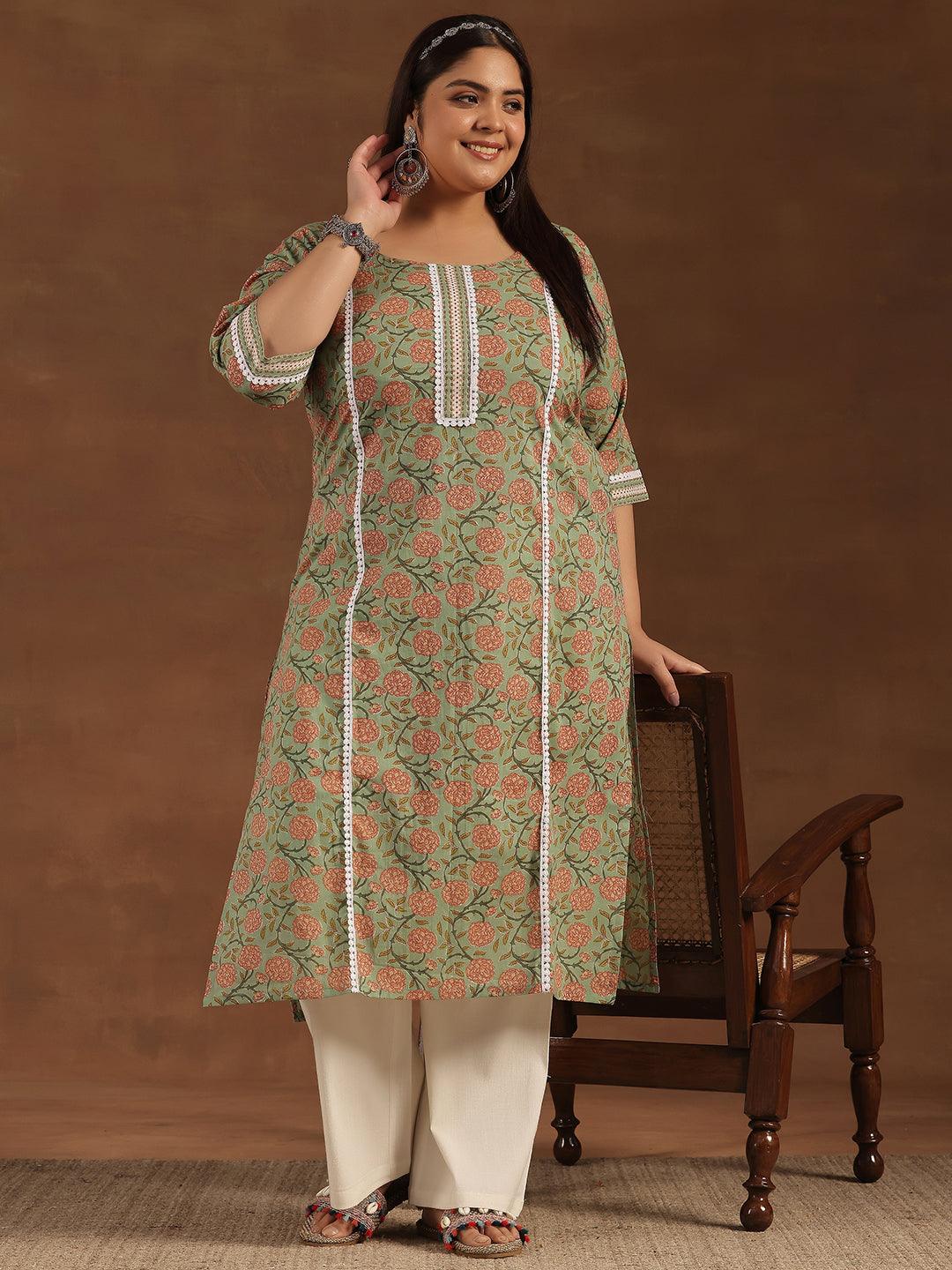 Plus Size Green Printed Cotton Straight Kurta - Libas