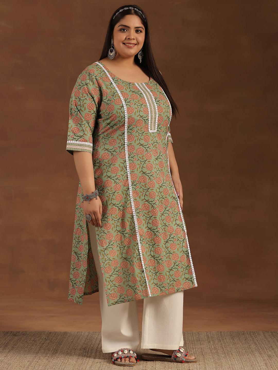 Plus Size Green Printed Cotton Straight Kurta - Libas