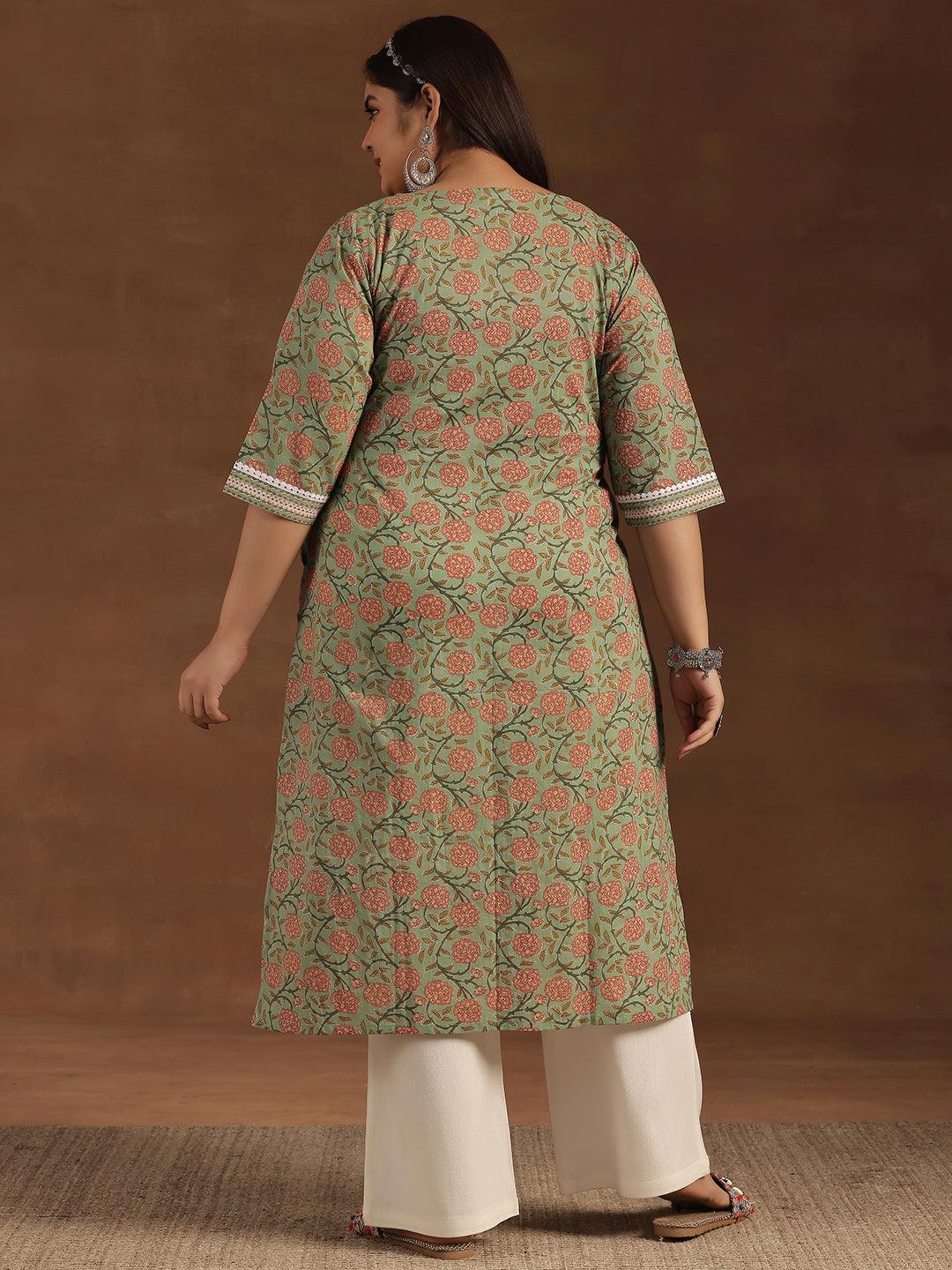 Plus Size Green Printed Cotton Straight Kurta - Libas