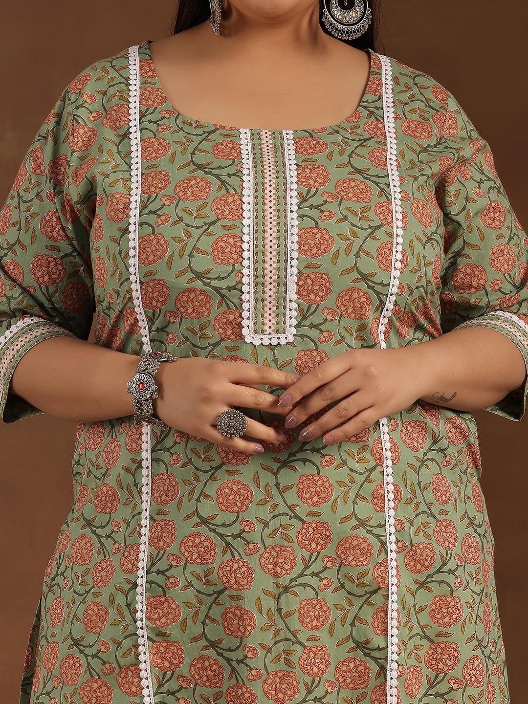 Plus Size Green Printed Cotton Straight Kurta - Libas