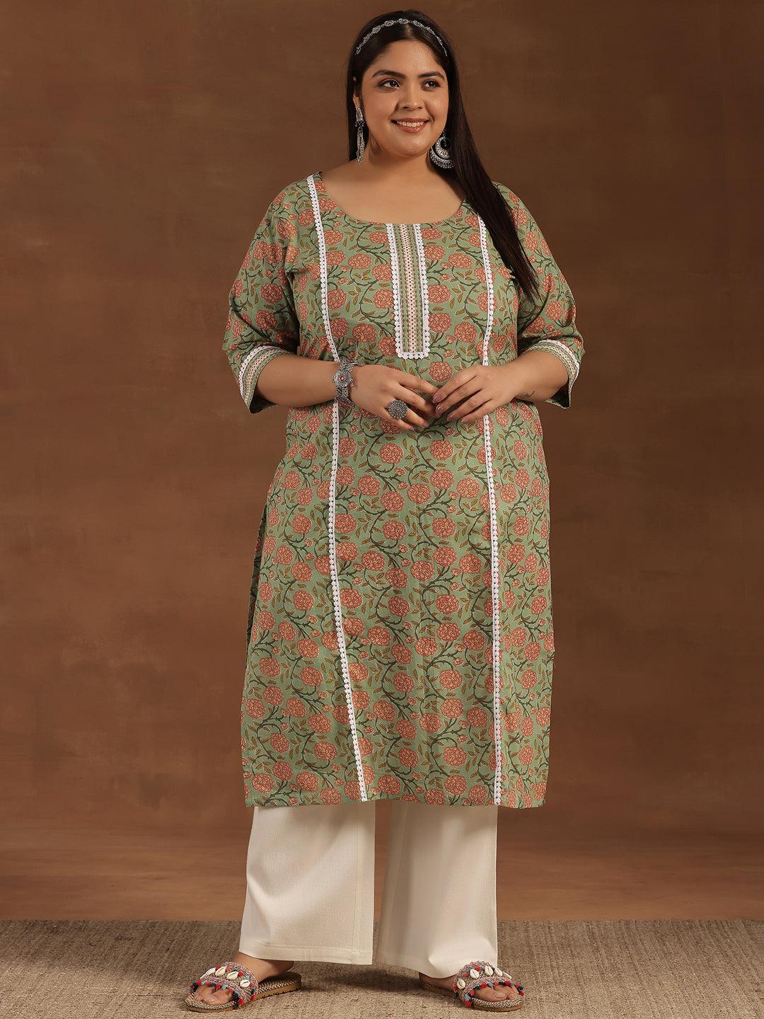 Plus Size Green Printed Cotton Straight Kurta - Libas