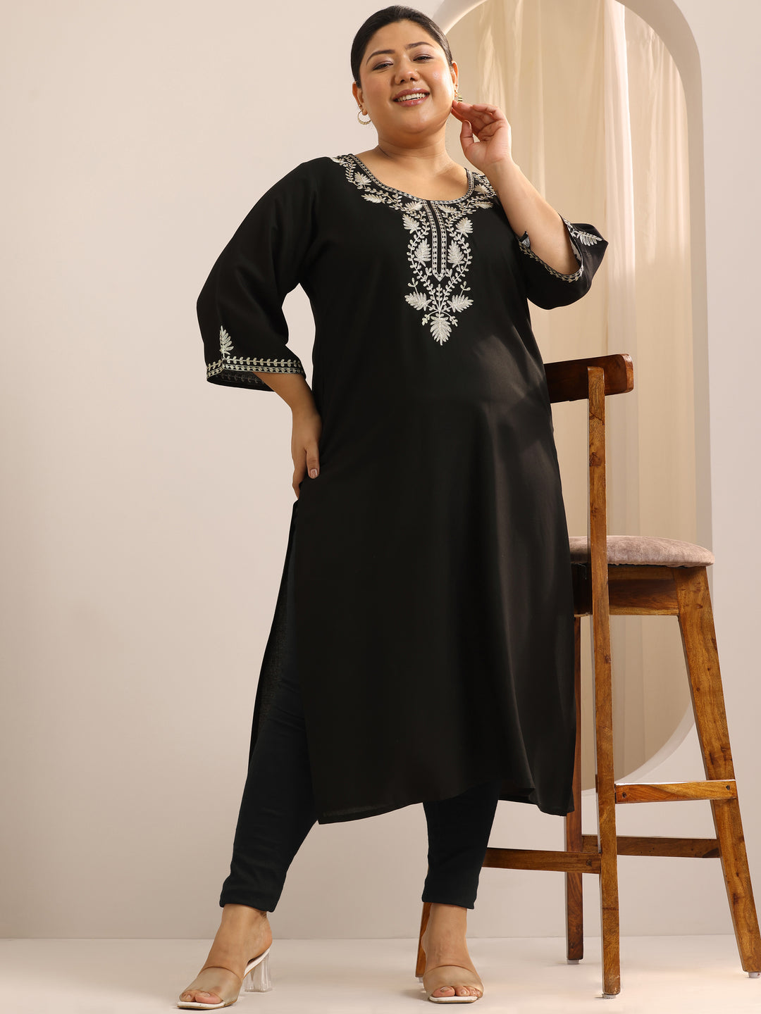 Plus Size Black Printed Rayon Straight Kurta