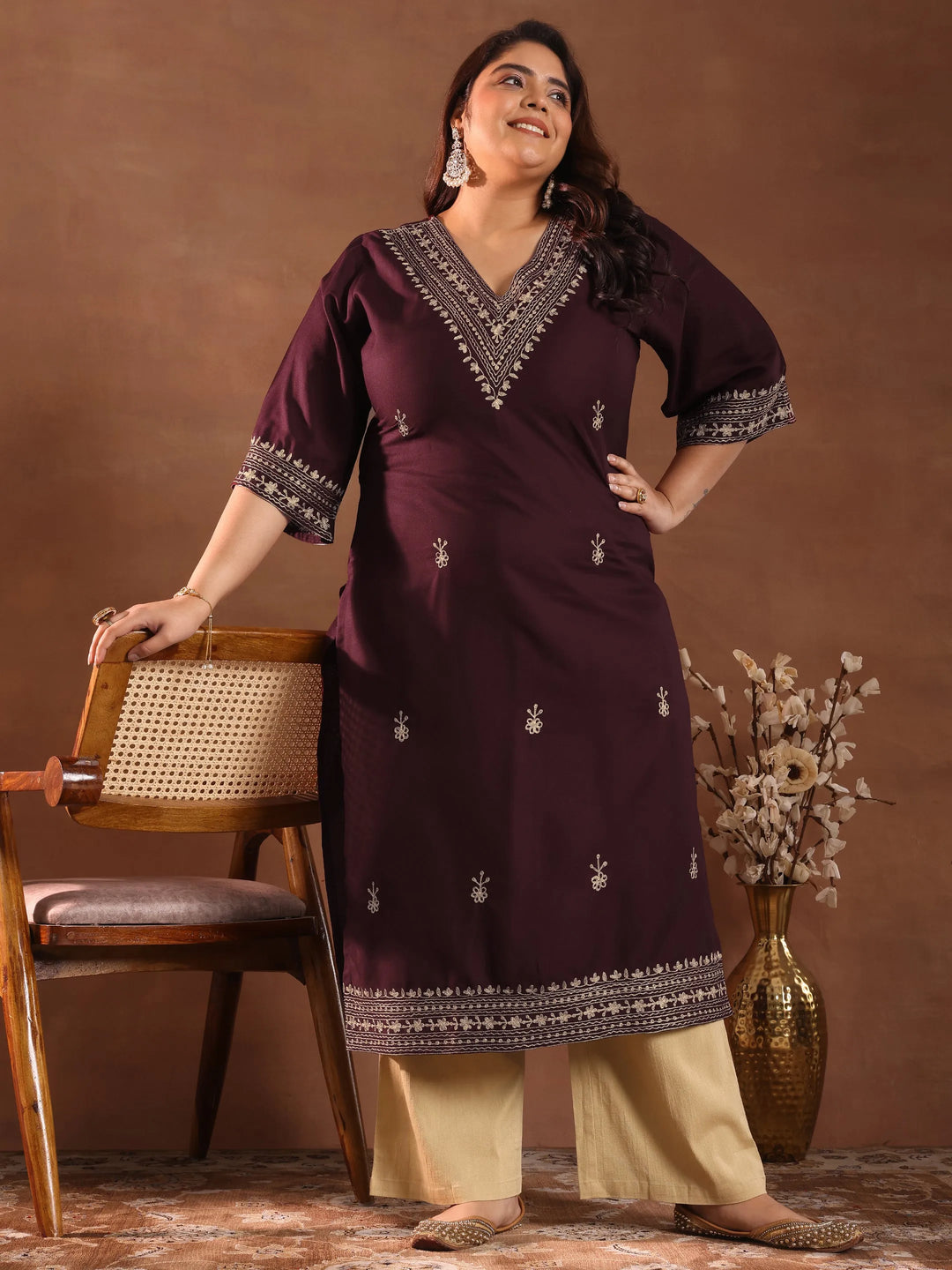  Plus Size Burgundy Printed Rayon Straight Kurta 