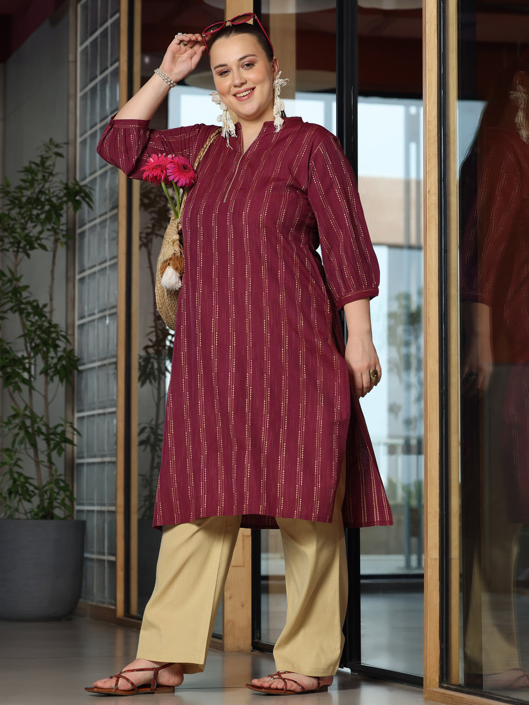 Plus Size Maroon Woven Design Cotton Straight Kurta