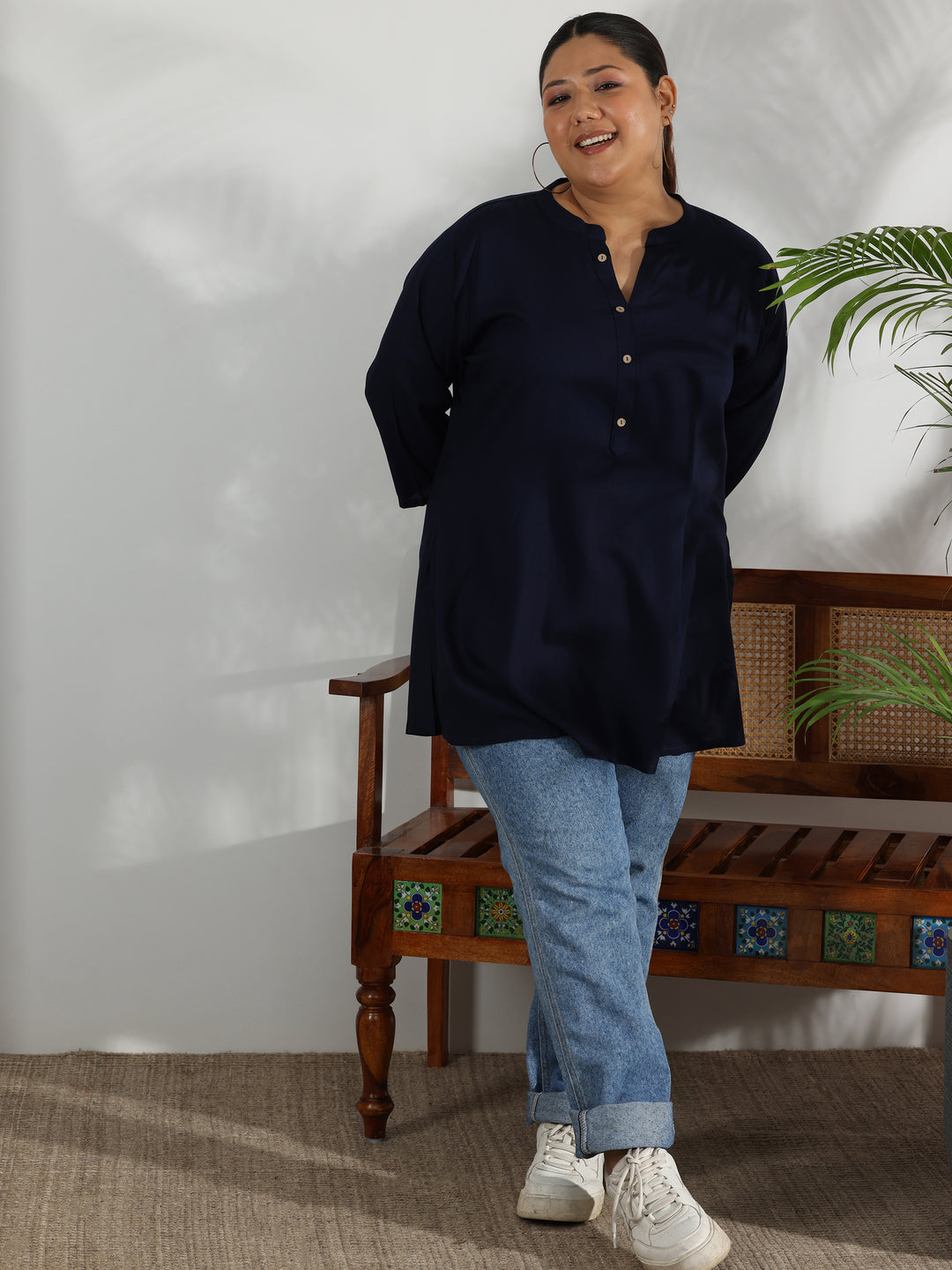 Plus Size Navy Blue Solid Rayon Straight Kurti