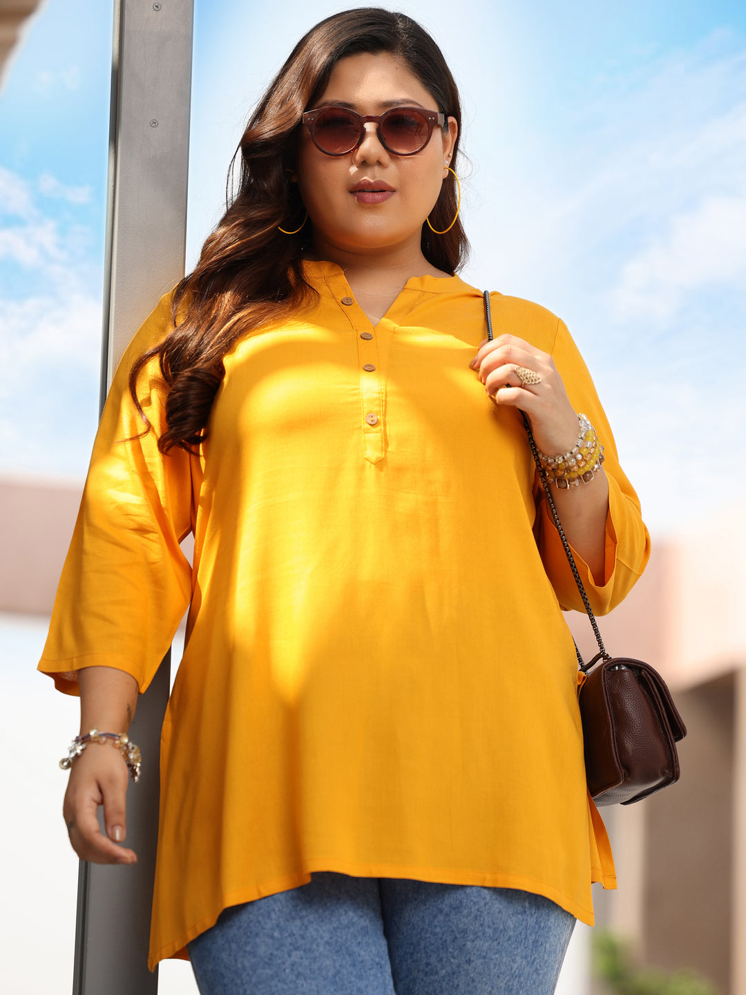 Plus Size Mustard Solid Rayon Straight Kurti