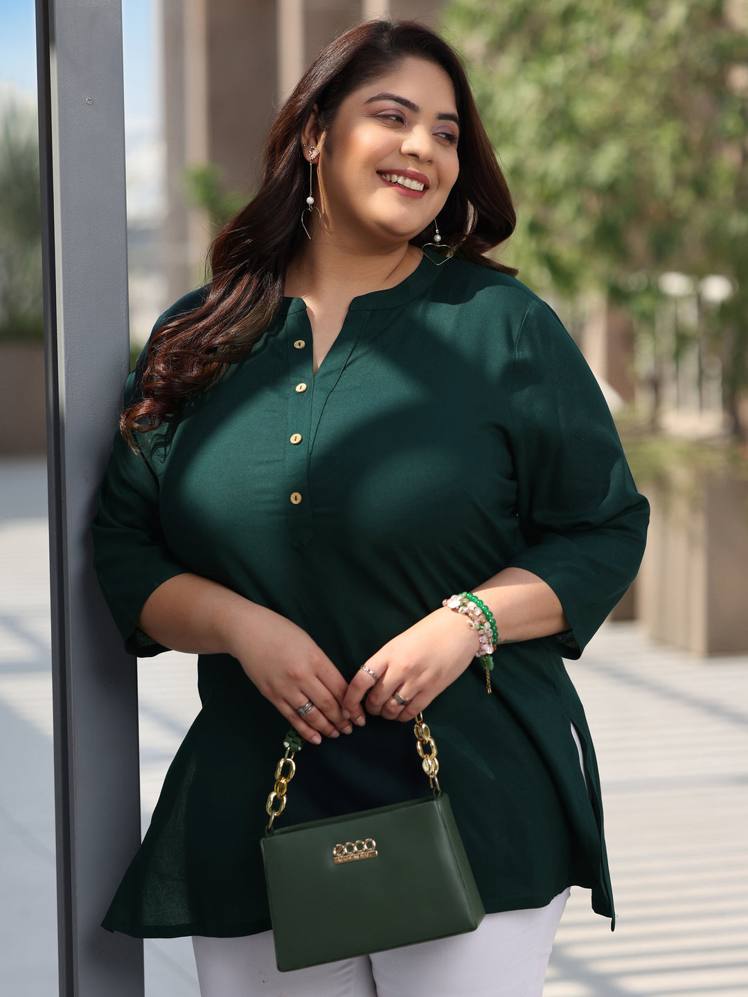 Plus Size Green Solid Rayon Straight Kurti