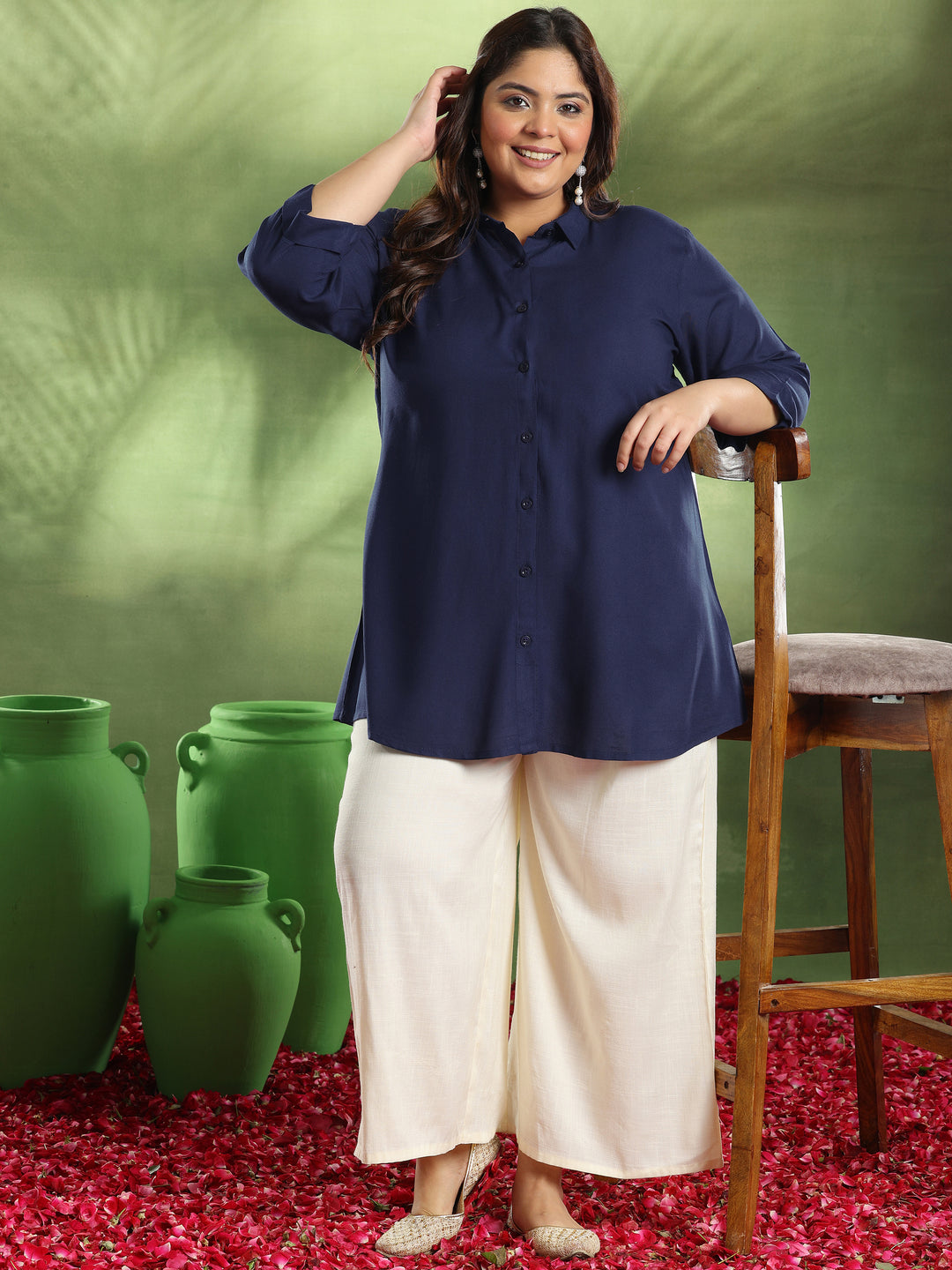 Plus Size Navy Blue Solid Rayon A-Line Kurti