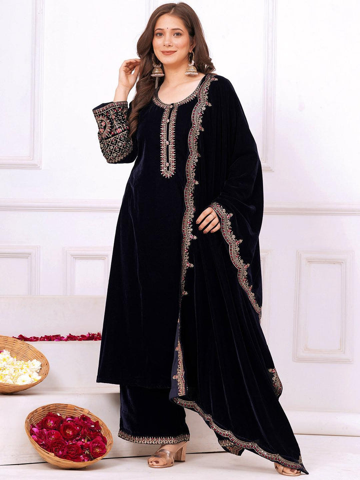 Navy Yoke Design Velvet A-Line Kurta With Palazzos & Dupatta - Libas