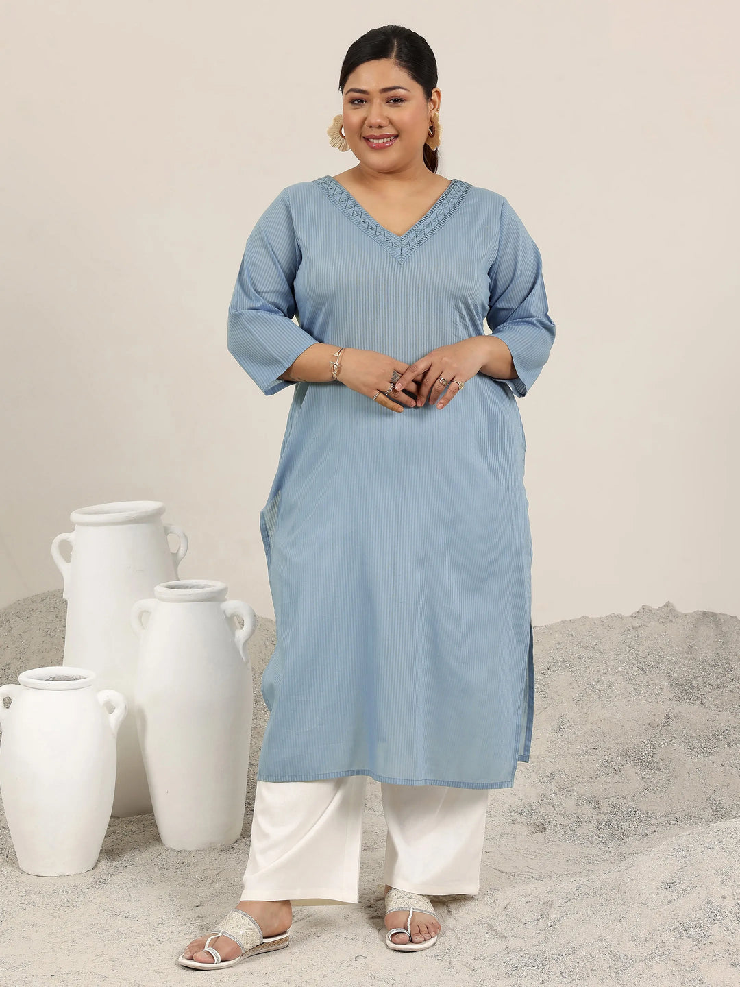  Plus Size Blue Printed Cotton Straight Kurta 