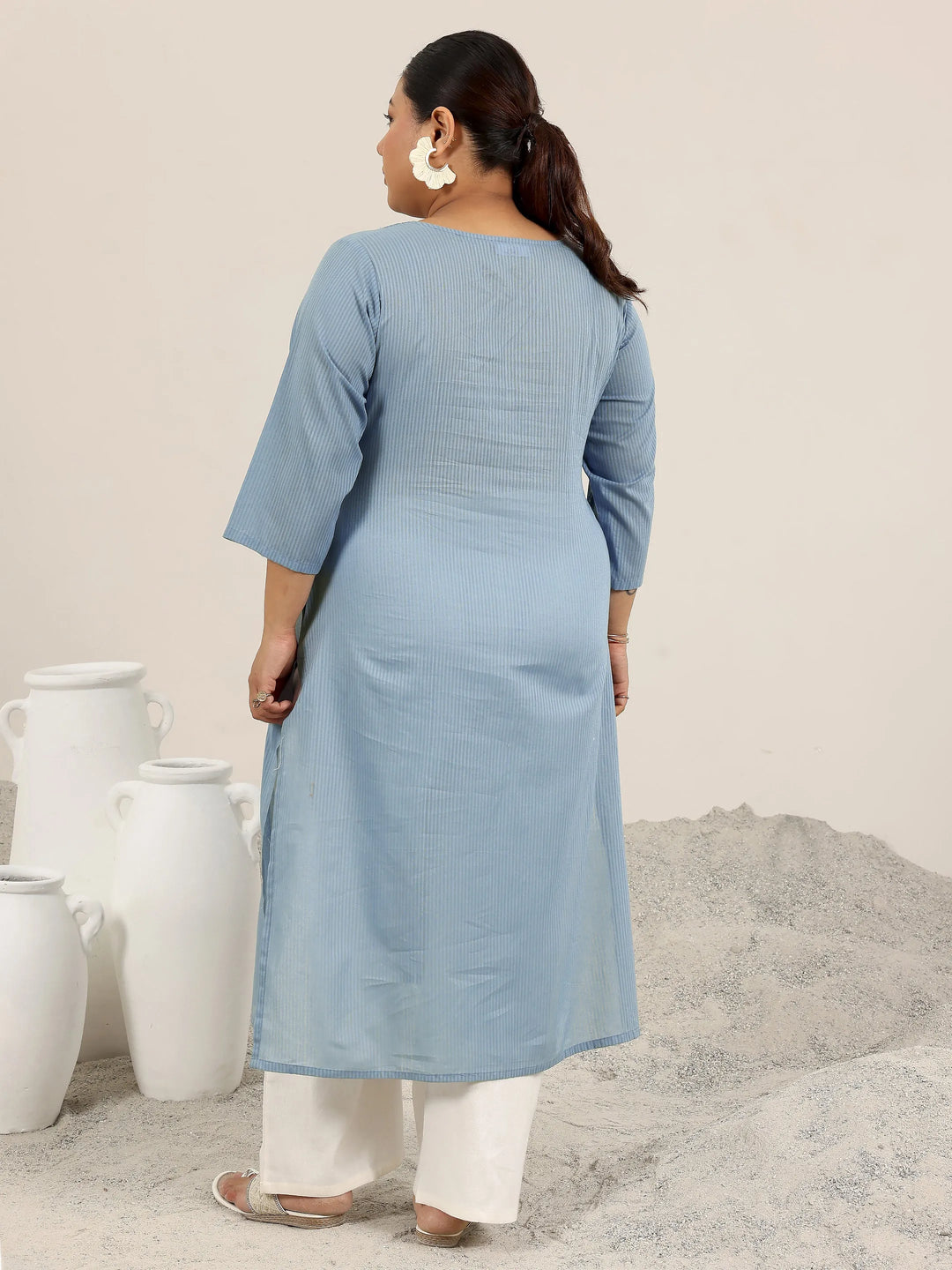  Plus Size Blue Printed Cotton Straight Kurta 