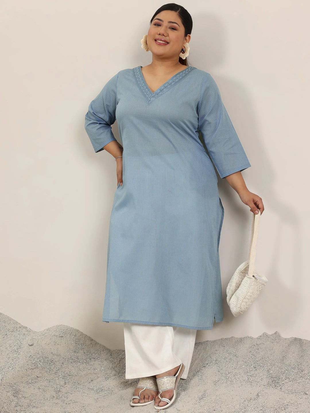 Plus Size Blue Printed Cotton Straight Kurta