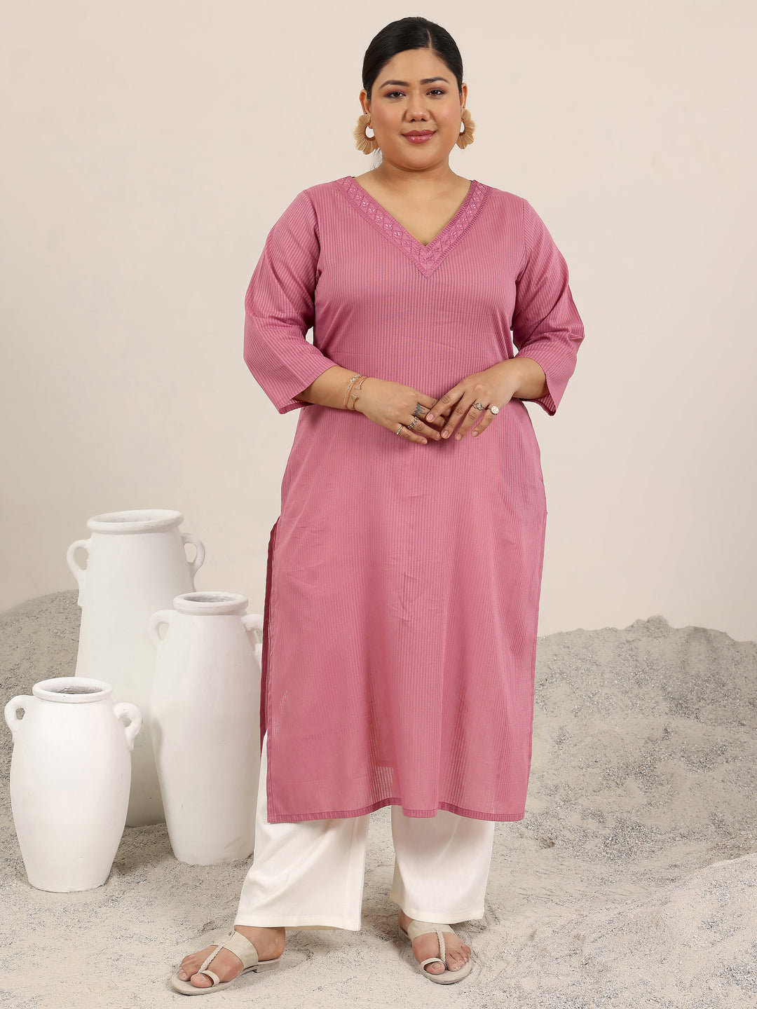  Plus Size Pink Printed Cotton Straight Kurta 