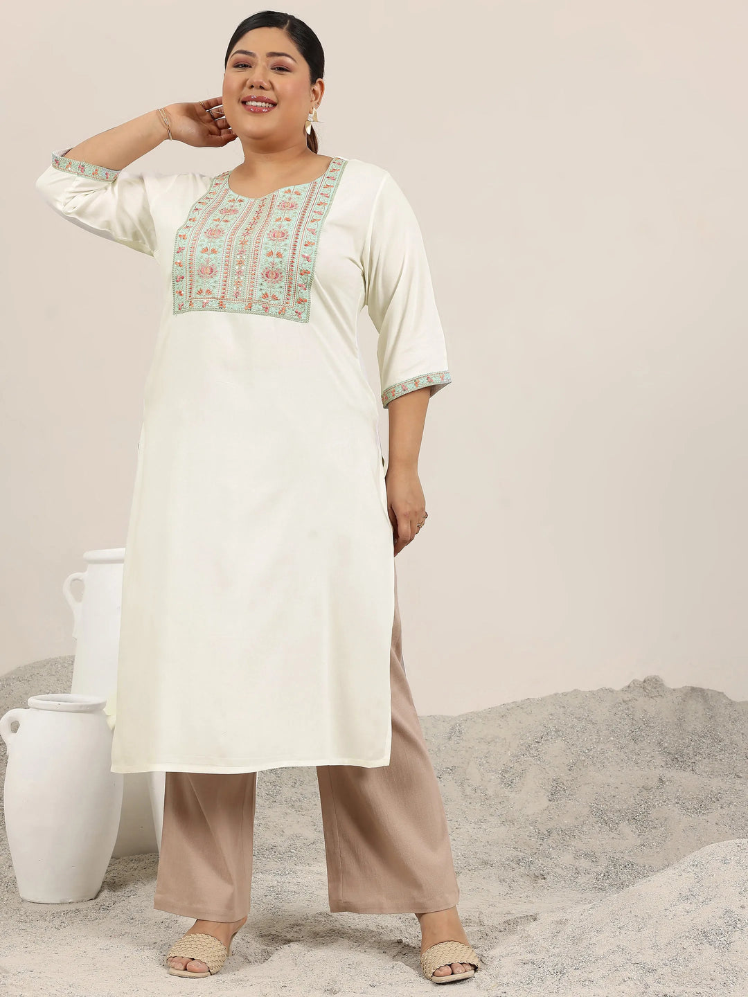  Plus Size Off White Yoke Design Rayon Straight Kurta 