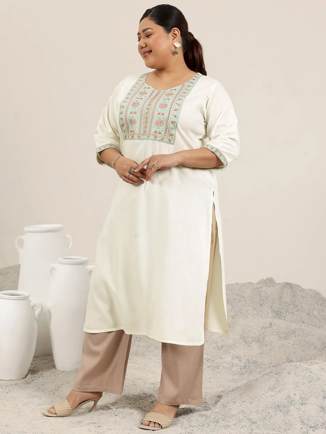  Plus Size Off White Yoke Design Rayon Straight Kurta 