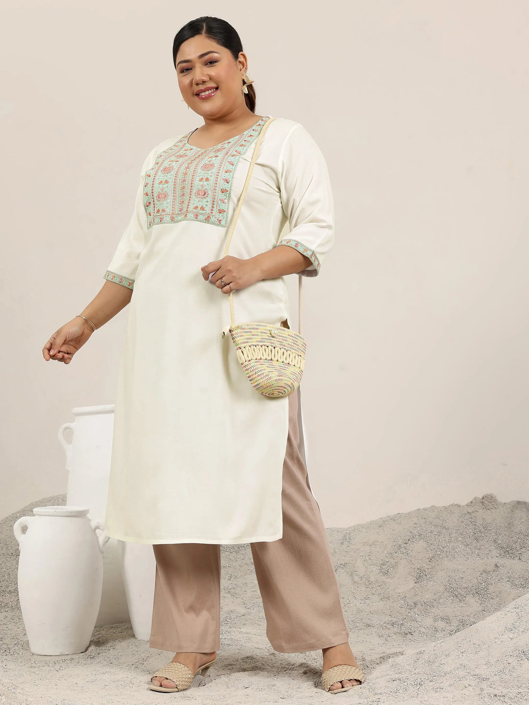  Plus Size Off White Yoke Design Rayon Straight Kurta 