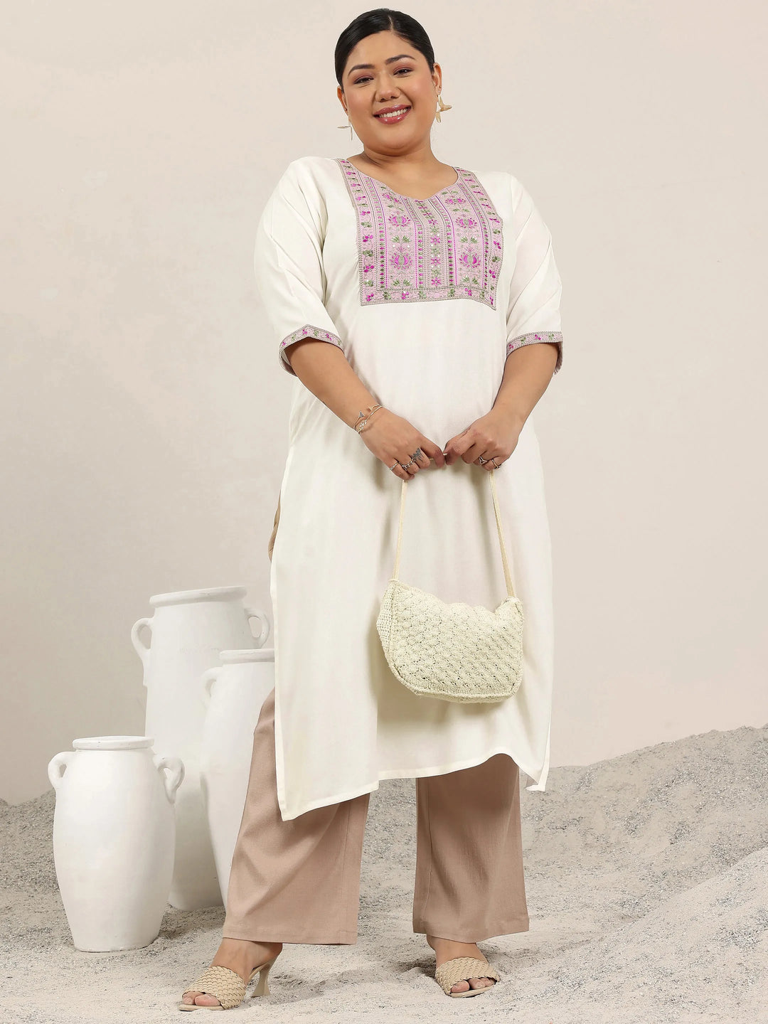 Plus Size Off White Yoke Design Rayon Straight Kurta