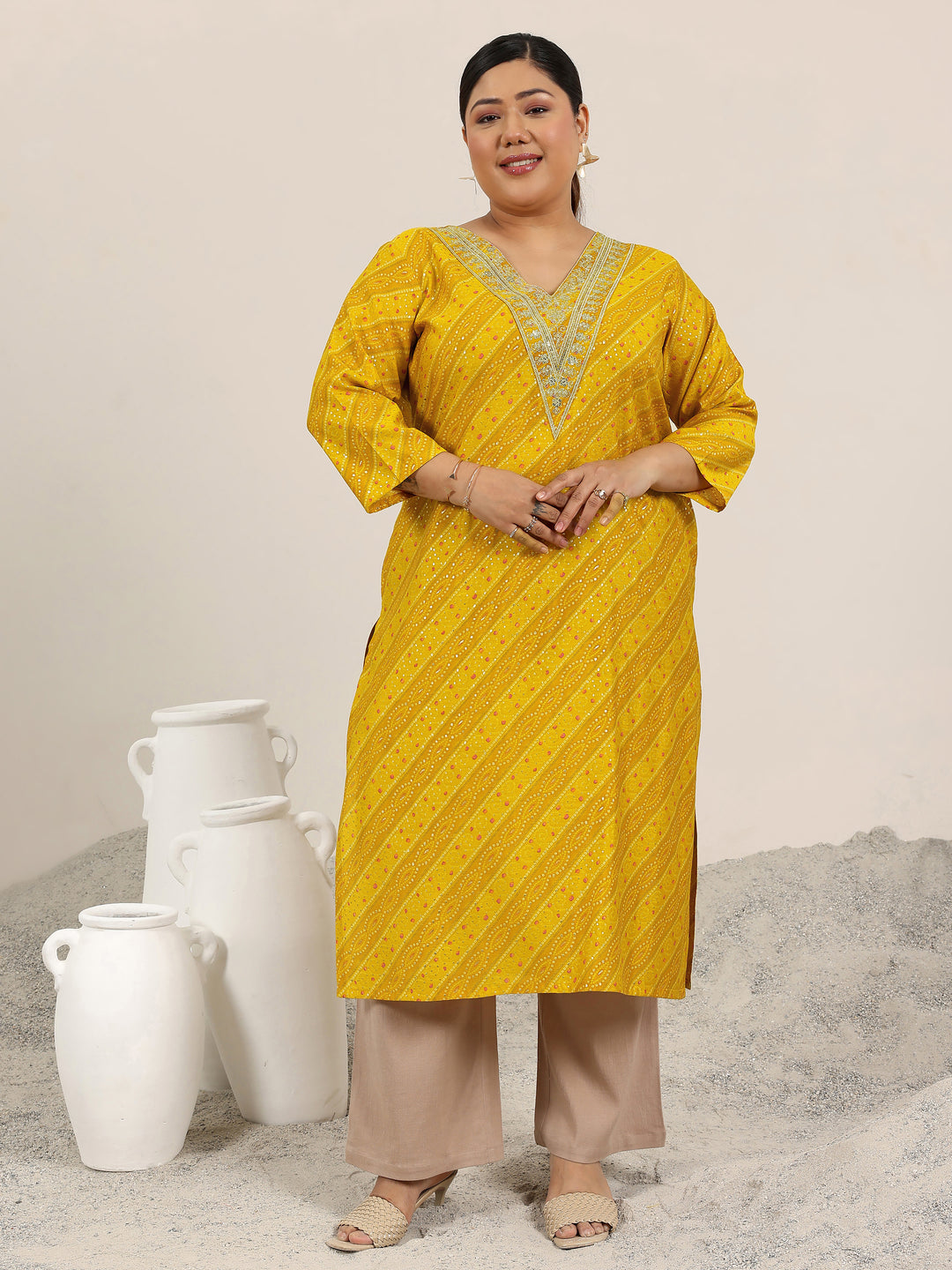  Plus Size Mustard Printed Silk Straight Kurta 