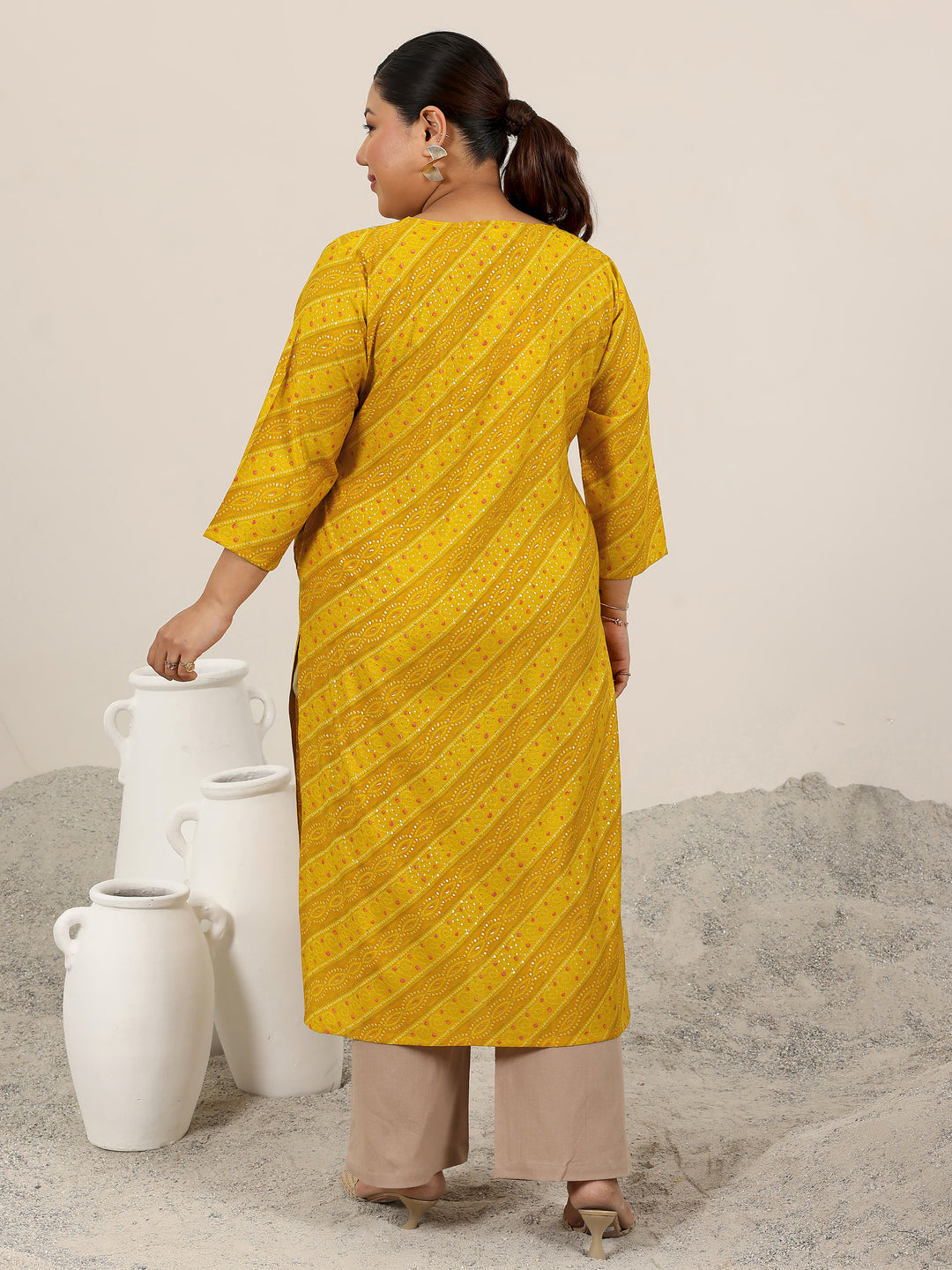  Plus Size Mustard Printed Silk Straight Kurta 