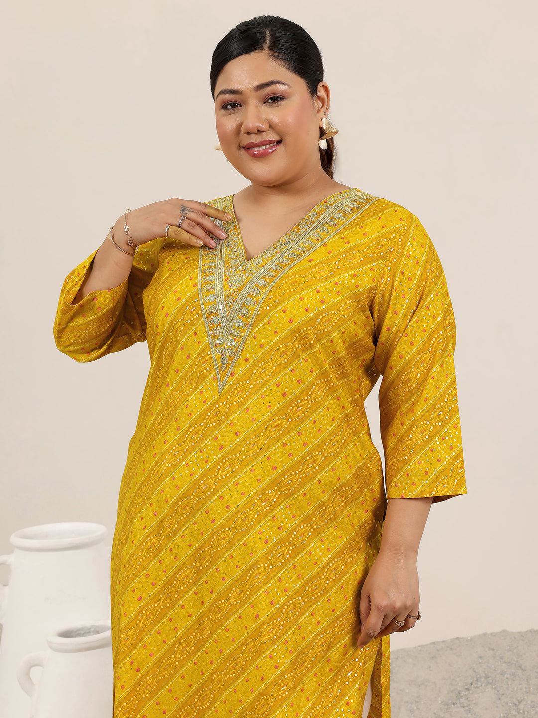  Plus Size Mustard Printed Silk Straight Kurta 