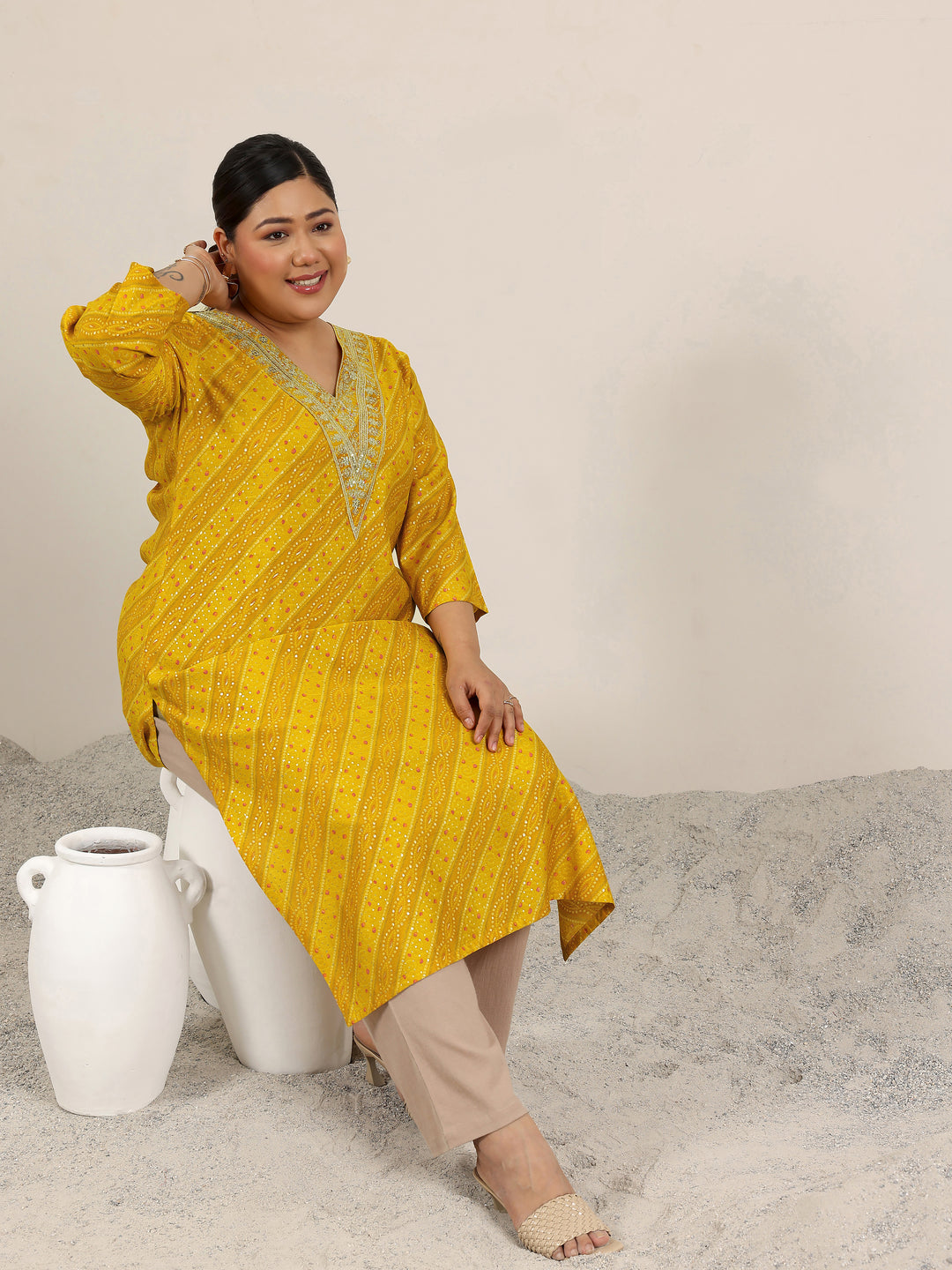  Plus Size Mustard Printed Silk Straight Kurta 