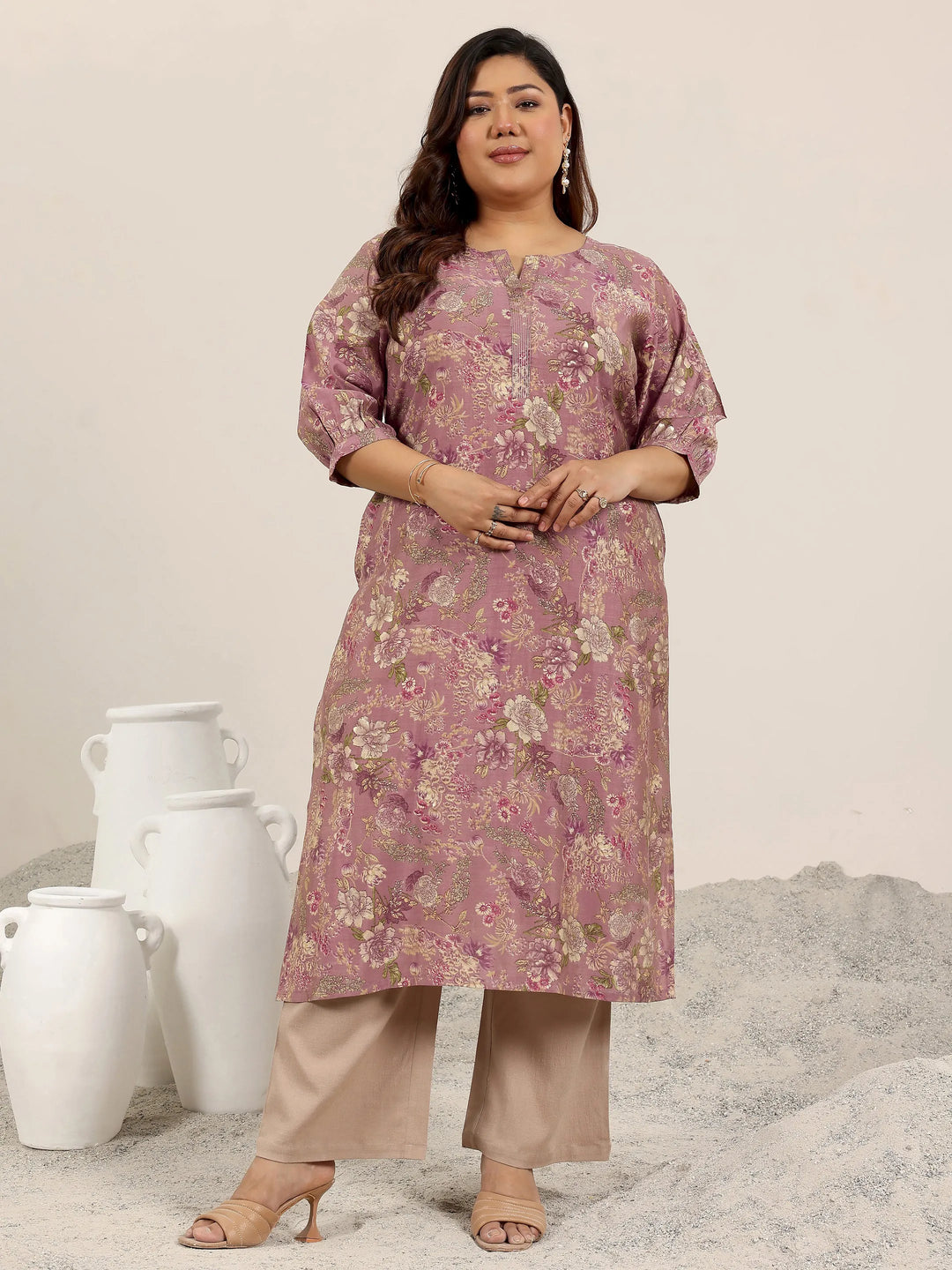  Plus Size Mauve Printed Silk Straight Kurta 