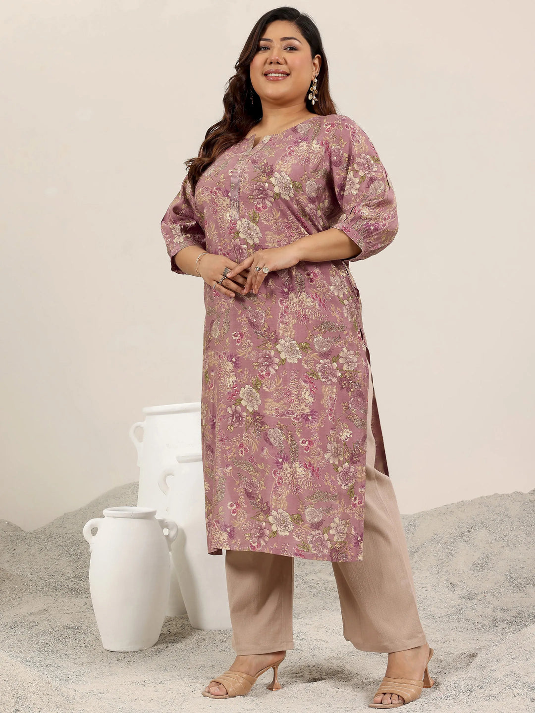  Plus Size Mauve Printed Silk Straight Kurta 