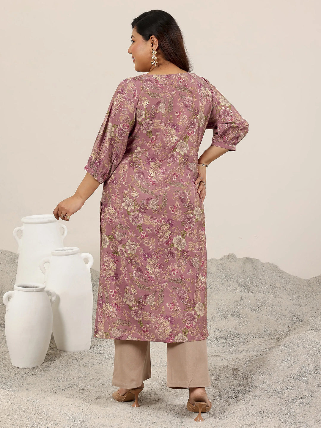  Plus Size Mauve Printed Silk Straight Kurta 