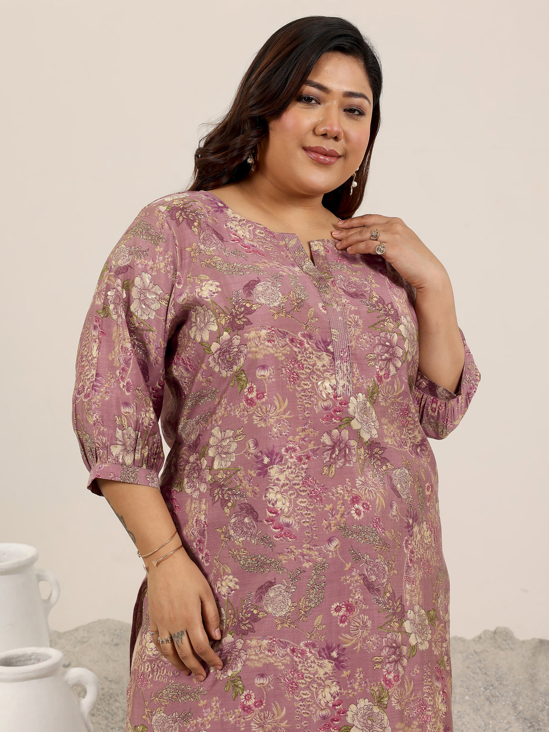  Plus Size Mauve Printed Silk Straight Kurta 