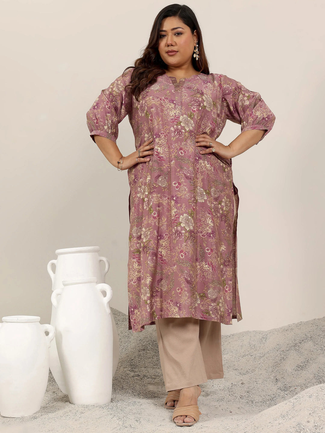  Plus Size Mauve Printed Silk Straight Kurta 