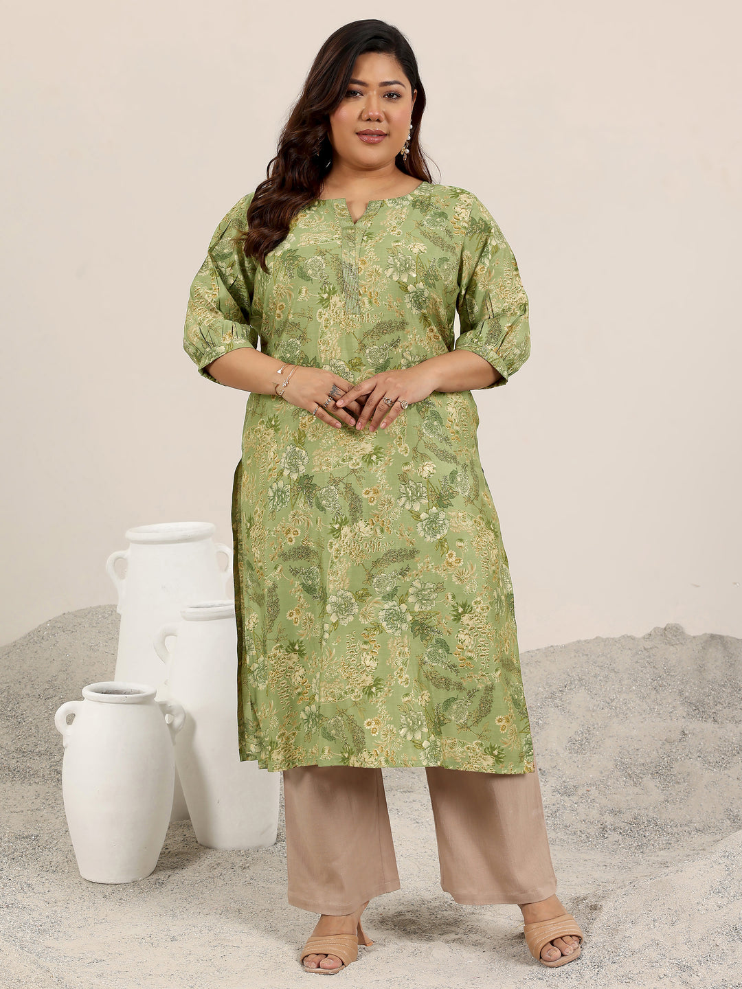 Plus Size Green Printed Silk Kurta