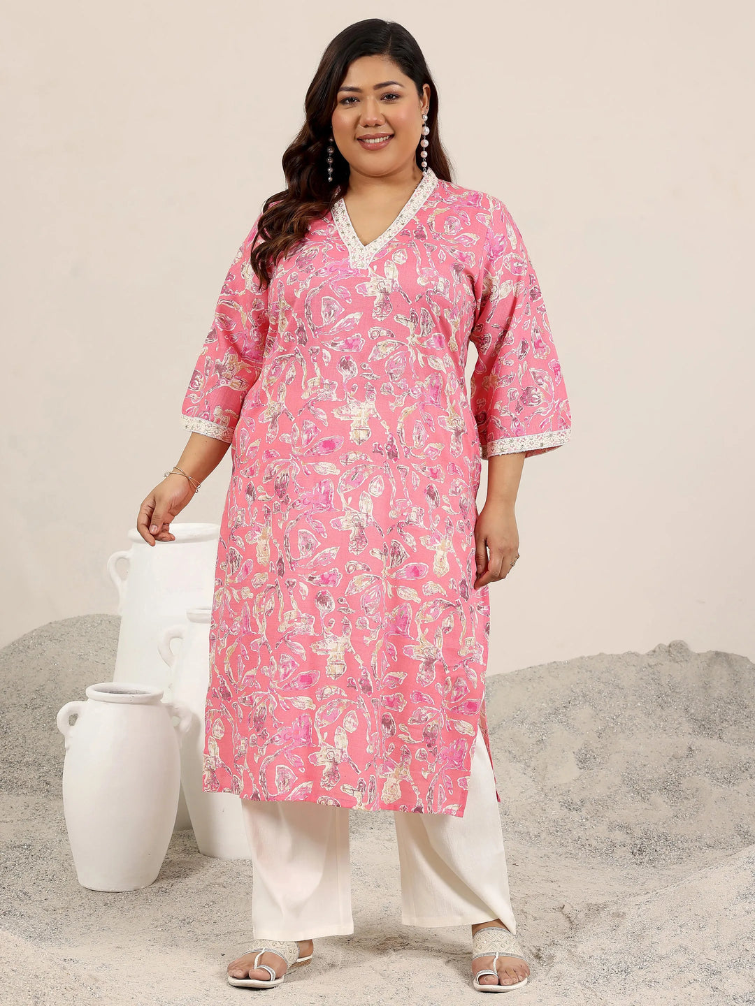  Plus Size Pink Printed Cotton Straight Kurta 