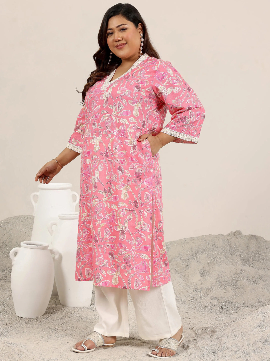  Plus Size Pink Printed Cotton Straight Kurta 