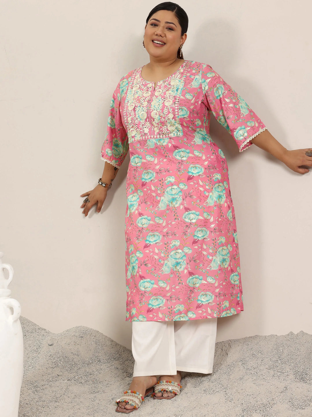  Plus Size Pink Printed Silk Blend Straight Kurta 