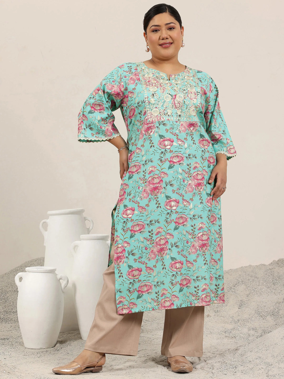  Plus Size Blue Printed Silk Blend Straight Kurta 