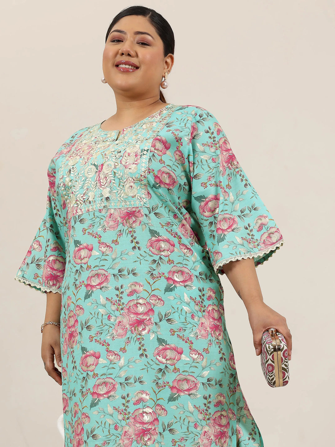 Plus Size Blue Printed Silk Blend Straight Kurta