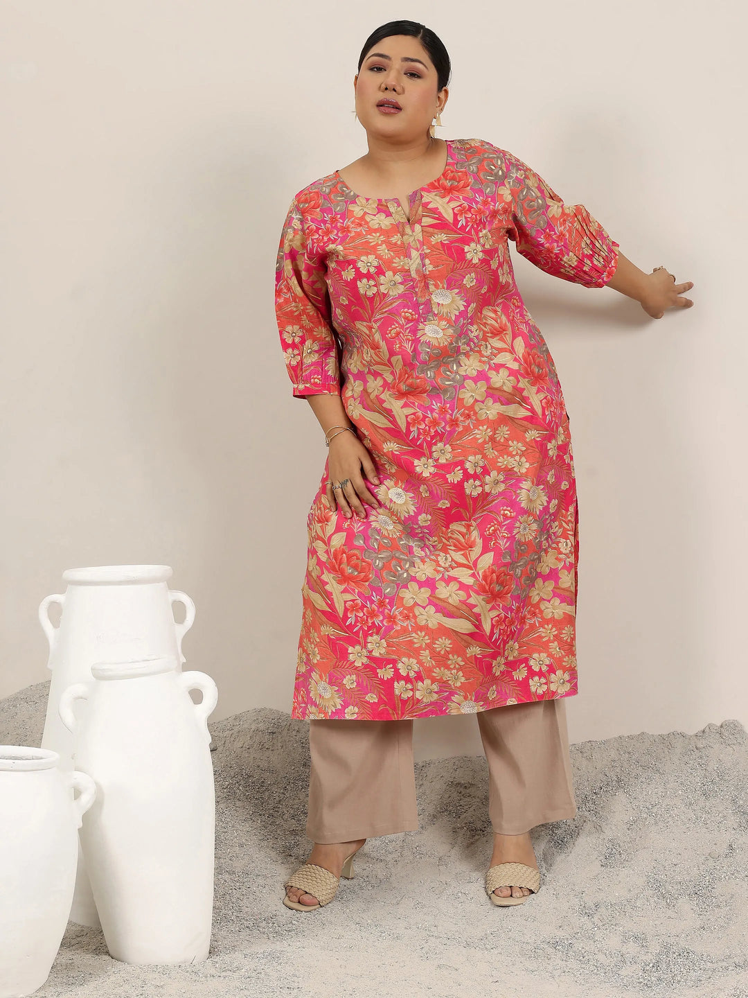 Plus Size Peach Printed Silk Blend Straight Kurta