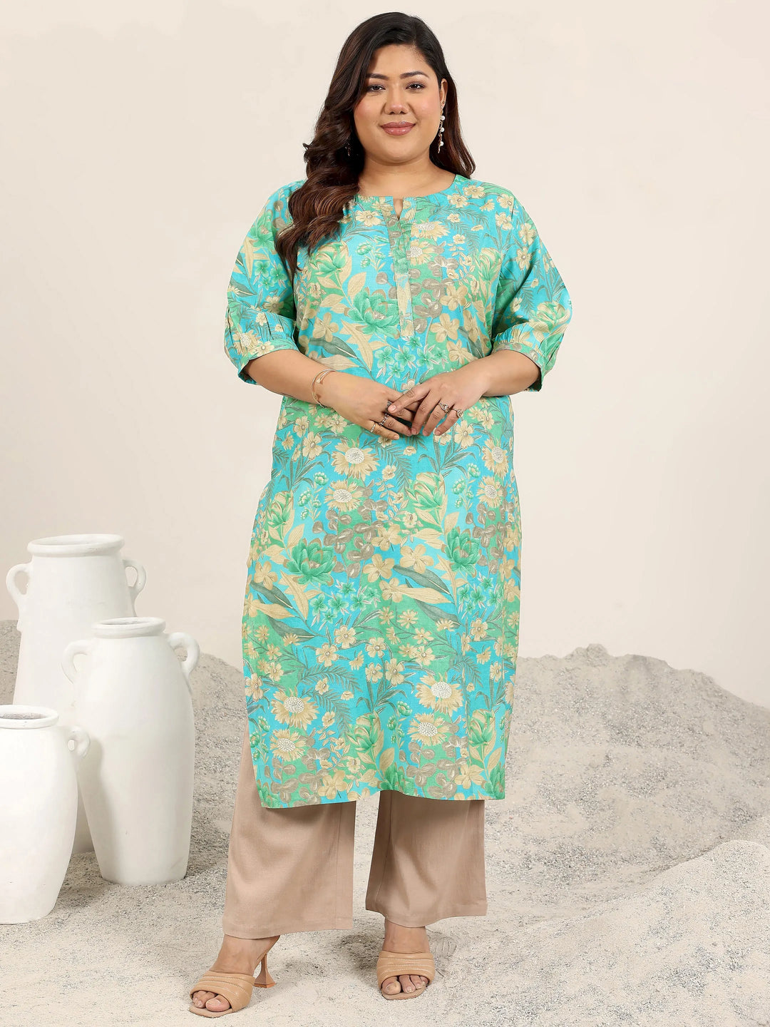 Plus Size Blue Printed Silk Blend Straight Kurta