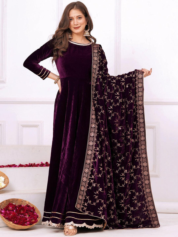 Wine Solid Velvet Anarkali Suit With Dupatta - Libas