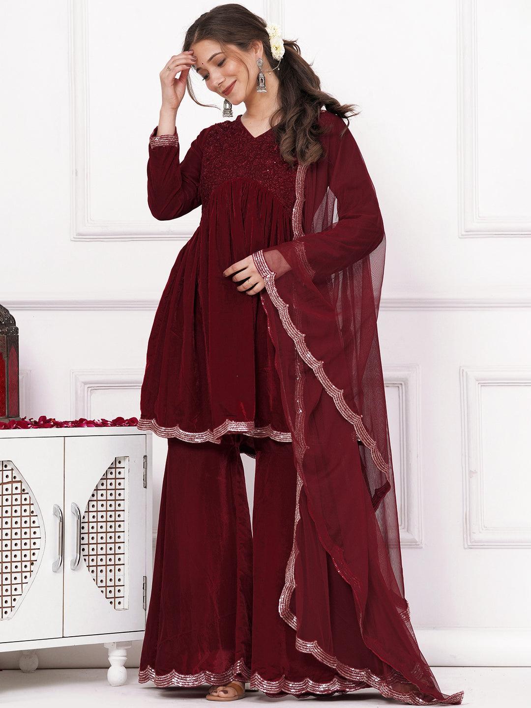 Maroon Embroidered Velvet A-Line Kurti With Sharara & Dupatta - Libas