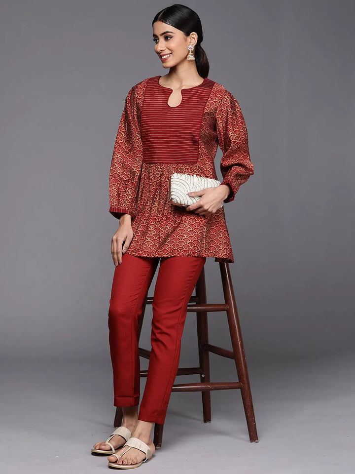 Maroon Printed Silk Blend A-Line Kurti - Libas