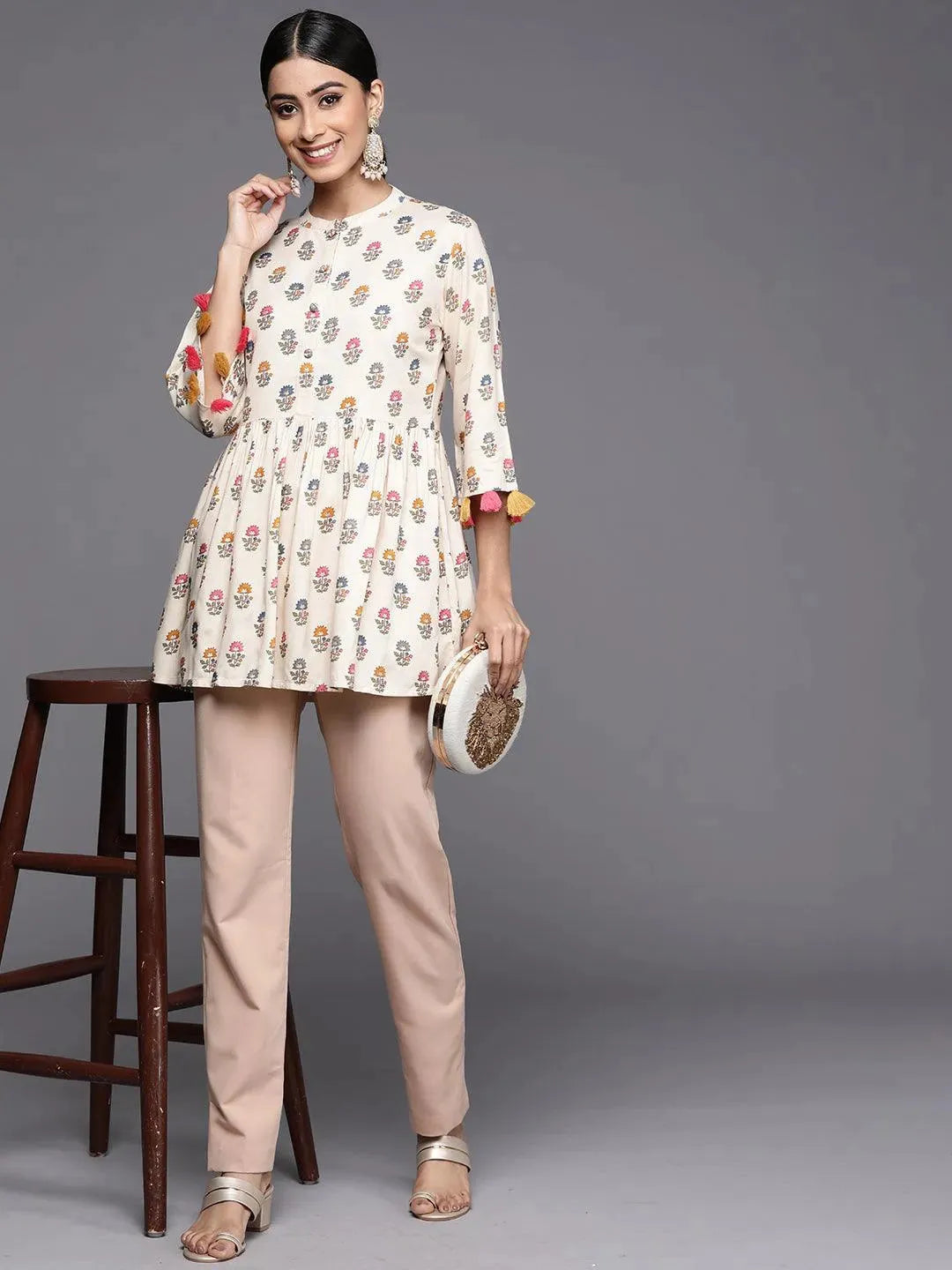 

Off White Printed Rayon A-Line Kurti