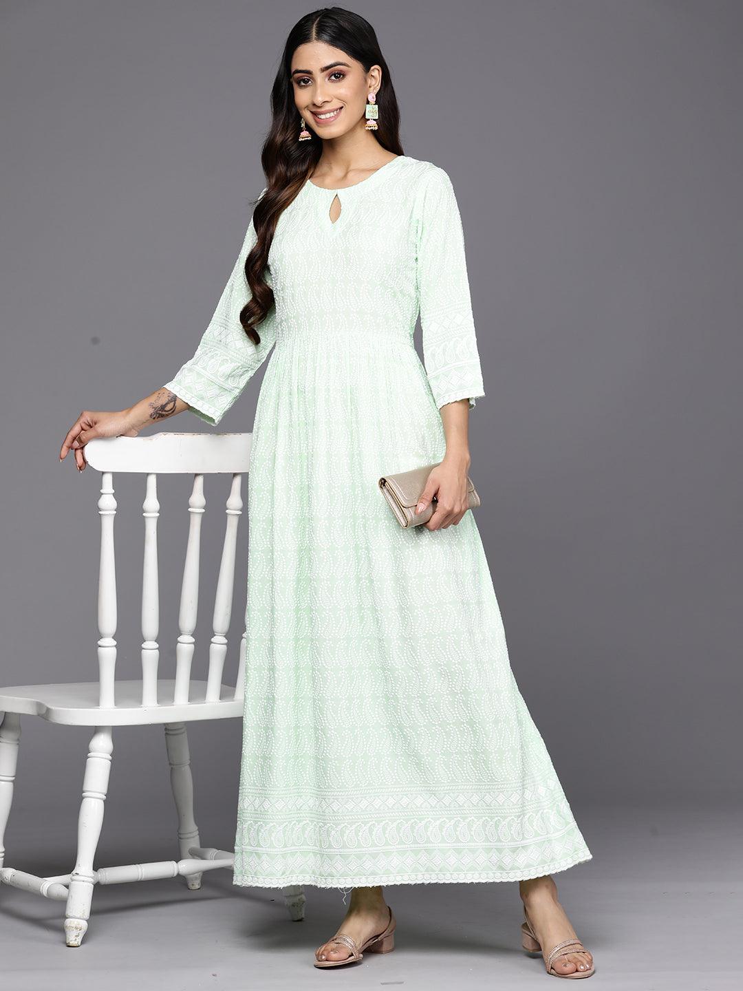 Green Embroidered Rayon Fit and Flare Dress - Libas 