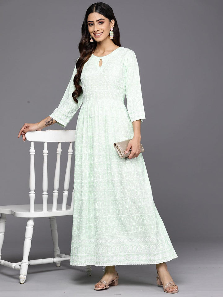 Green Embroidered Rayon Fit and Flare Dress - Libas